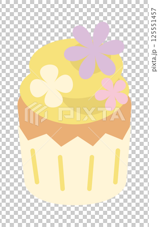 Cupcake with flowers and yellow whipped cream 125551457