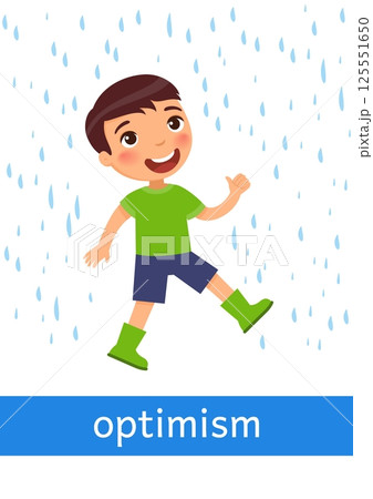 Little boy happily walks through a puddle in the rain. Positive mood concept. Cute cartoon character Little boy happily walks through a puddle in the rain. Positive mood concept. Cute cartoon character 125551650