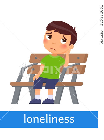 Loneliness - concept of emotion. Lonely sad little boy sits on a bench. Learning English language. Children psychology. Cute cartoon character Loneliness - concept of emotion. Lonely sad little boy sits on a bench. Learning English language. Children psychology. Cute cartoon character 125551651