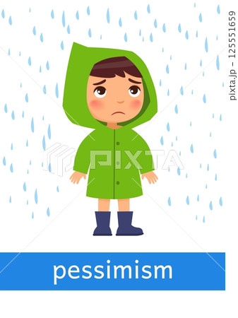 Pessimism - concept of emotion. Little boy in a raincoat looks sadly at the rain.Learning English language. Children psychology. Cute cartoon character 125551659