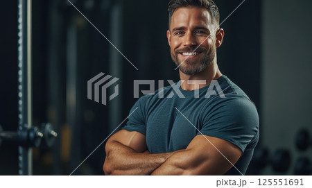 Strong man smiling in gym setting 125551691