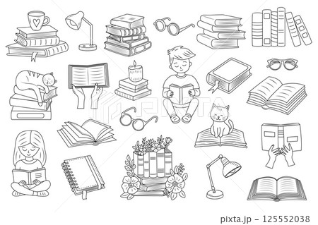 A black-and-white doodle set featuring books, readers, cats, lamps, and reading accessories.  125552038