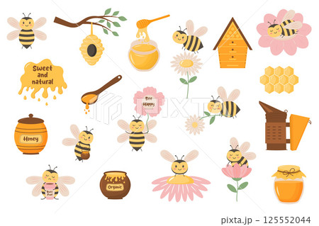 Beekeeping cartoon set. Collection of cute bees, beehive, honey, chamomiles, honeycomb  125552044