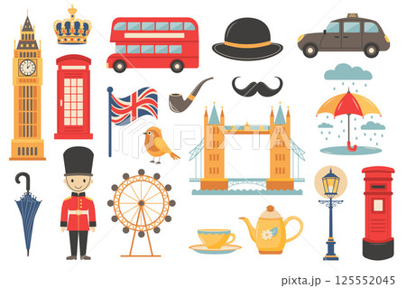 Vector set of British symbols: Big Ben, red bus, bowler hat, taxi, telephone booth, royal guard, umbrella 125552045