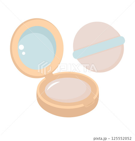 Face powder with mirror and makeup sponge. Cosmetic powder compact. Cartoon flat illustration 125552052