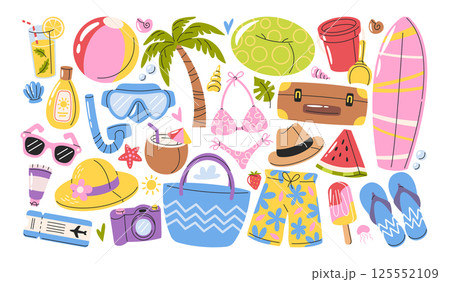 Summer holiday vacation set with touristic essentials and supplies for rest and active recreation 125552109