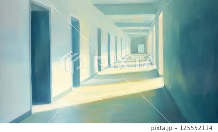 光が差し込む長い廊下の絵画_3 125552114