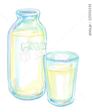 透明な瓶とグラスに入った美味しそうで新鮮な牛乳の手描き水彩イラスト 125552135