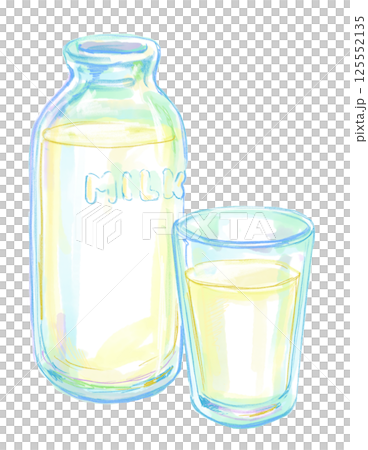 透明な瓶とグラスに入った美味しそうで新鮮な牛乳の手描き水彩イラスト 125552135