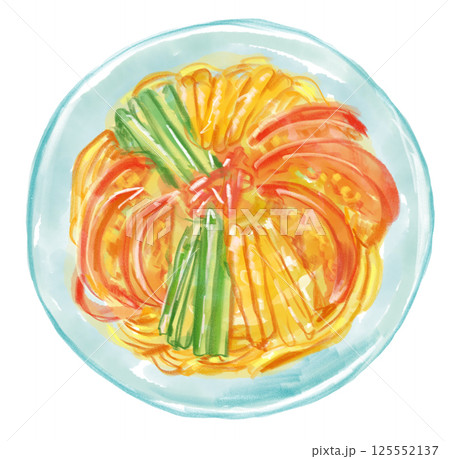 美味しそうな冷やし中華、冷麺の手描き水彩イラスト 125552137
