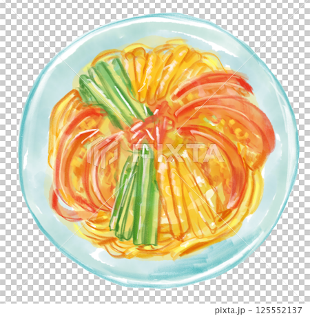 美味しそうな冷やし中華、冷麺の手描き水彩イラスト 125552137