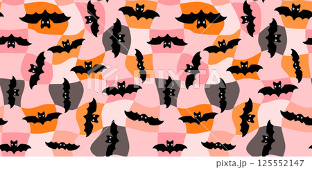 Fun Halloween Seamless Vector Pattern with Cartoon Bats, Distorted Warped Checked Plaid Background in Orange, Pink, Gray 125552147