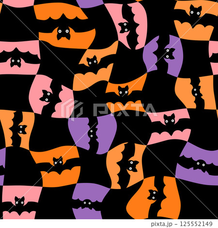 Groovy Halloween Bats Seamless Vector Check Pattern, Distorted Wavy Plaid Background in Orange, Pink, Black and Violet Colors Groovy Halloween Bats Seamless Vector Check Pattern, Distorted Wavy Plaid Background in Orange, Pink, Black and Violet Colors 125552149