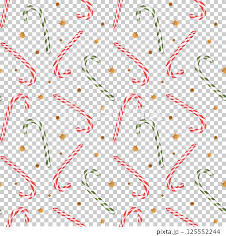 Watercolor red and green striped candy canes among golden stars seamless pattern isolated background. Christmas sweet caramel sticks ornate. Xmas sugar lollipop illustration for festive package Watercolor red and green striped candy canes among golden stars seamless pattern isolated background. Christmas sweet caramel sticks ornate. Xmas sugar lollipop illustration for festive package 125552244