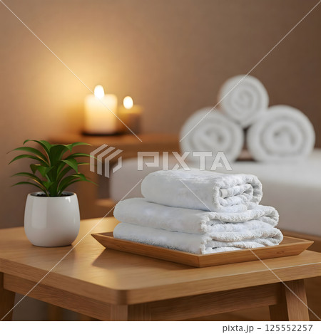 Spa Relaxation Ritual: A tranquil spa setting is prepped with pristine white towels neatly stacked on a tray. 125552257