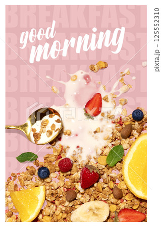 Golden spoon with granola yogurt and fruits splashing together against pastel pink breakfast-themed background. 125552310