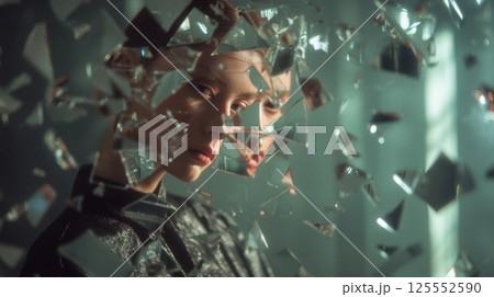 A young person is positioned amid fragmented glass shards, creating an artistic display of reflections and emotions. The atmosphere is intriguing and dreamlike, evoking curiosity A young person is positioned amid fragmented glass shards, creating an artistic display of reflections and emotions. The atmosphere is intriguing and dreamlike, evoking curiosity 125552590