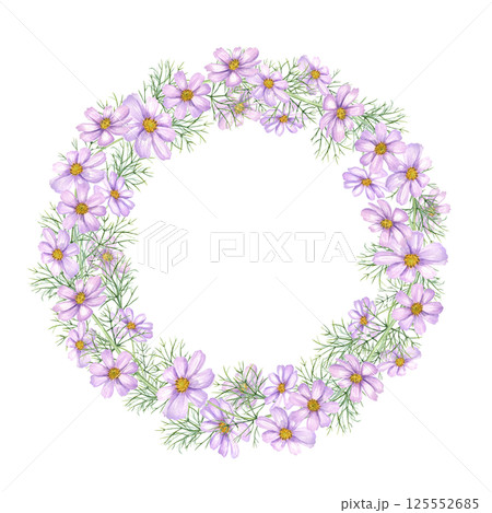 Watercolor cosmos flower with green leaves wreath isolated background. Delicate flowers with leaves round frame with empty space for text. Floral illustration for wedding cards, birthday invitations. 125552685