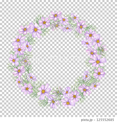 Watercolor cosmos flower with green leaves wreath isolated background. Delicate flowers with leaves round frame with empty space for text. Floral illustration for wedding cards, birthday invitations. Watercolor cosmos flower with green leaves wreath isolated background. Delicate flowers with leaves round frame with empty space for text. Floral illustration for wedding cards, birthday invitations. 125552685