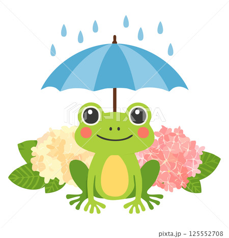 傘の下のカエルとアジサイ　梅雨イメージ 125552708