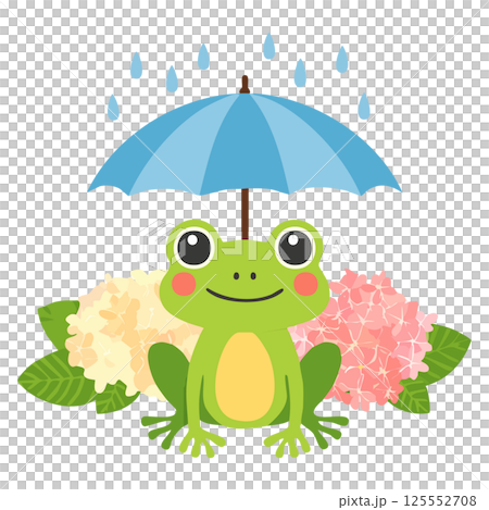 傘の下のカエルとアジサイ　梅雨イメージ 125552708