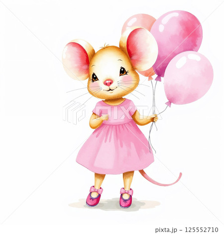 Cute tiny mouse wearing pink dress, holding balloons artistic illustration of adorable festive animal 125552710