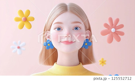 3d style illustration of Cute girl with blonde hair and flower shape earrings surrounded by floating flowers 125552712
