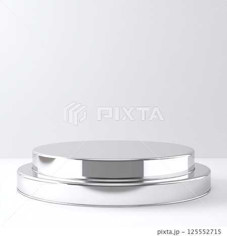 3d chrome glossy podium on white background. Sleek metal platform stand for product placement and display 125552715