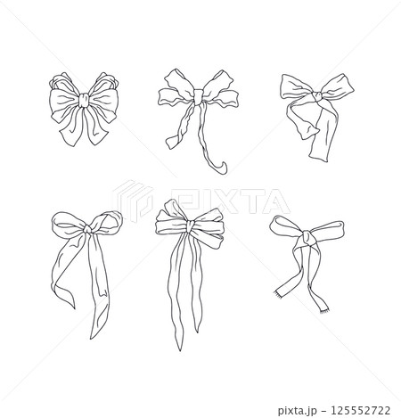 Cute hand drawn fancy linear black and white bow knots bundle isolated on white background. Pretty vintage monochrome line art coquettes set Cute hand drawn fancy linear black and white bow knots bundle isolated on white background. Pretty vintage monochrome line art coquettes set 125552722