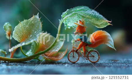 Tiny fox riding a bicycle made of leaves, inside a dew-covered flower, macro perspective 125552731