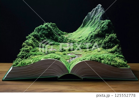 Magical landscape emerges from open book at night with stars illuminating the scene 125552778