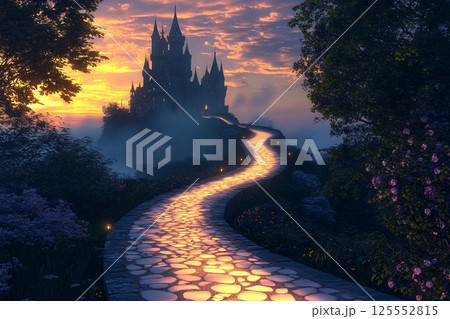 Majestic castle illuminated by glowing pathway at night under a starry sky 125552815