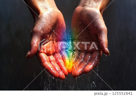 Hands catch a rainbow in sunlight during a...のイラスト素材 [125552841] - PIXTA