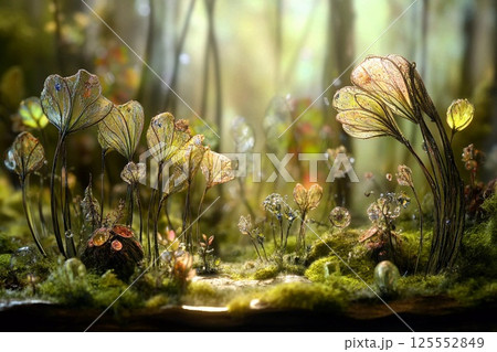 Lush tropical garden with vibrant plants and a serene pathway surrounded by greenery in a tranquil setting 125552849