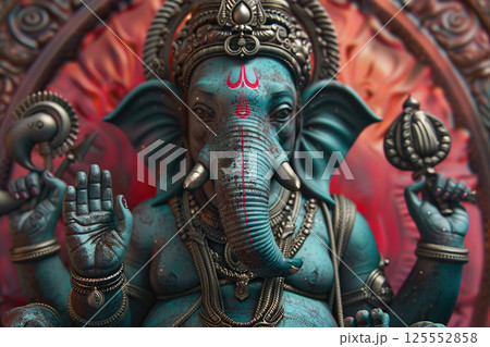 Bright holiday composition for happy Ganesh Chaturthi, abstract vivid composition consists of fictional unreal fantastic vision on background 125552858