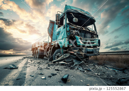 Collision of vehicles involved in major accident on city road with major damage, abstract vivid composition consists of fictional unreal fantastic vision on background 125552867