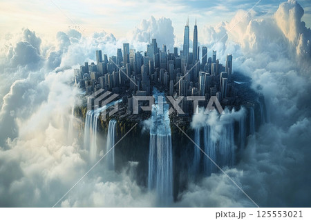 City of clouds with majestic waterfalls cascading into the abyss under a serene sky at twilight City of clouds with majestic waterfalls cascading into the abyss under a serene sky at twilight 125553021