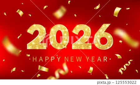 2026 Happy New Year red greeting card. Glitter light numbers and golden festive confetti. Merry Christmas celebration border with star, tinsel. Congratulation gold party banner. Vector illustration 125553022