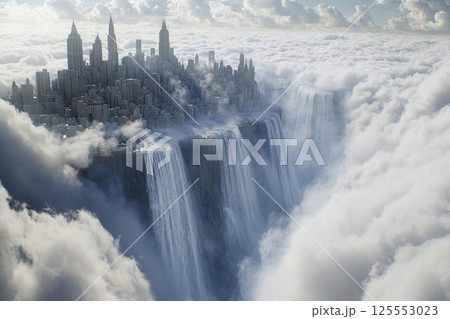 City of clouds with majestic waterfalls cascading into the abyss under a serene sky at twilight 125553023