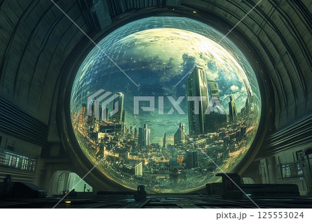 Futuristic city enclosed in a glowing sphere with reflections of skyscrapers and sunset over urban landscape 125553024