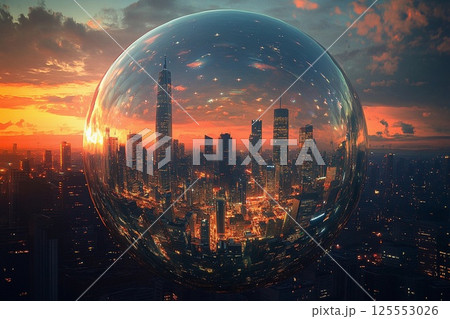 Futuristic city enclosed in a glowing sphere with reflections of skyscrapers and sunset over urban landscape 125553026