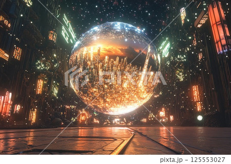 Futuristic city enclosed in a glowing sphere with reflections of skyscrapers and sunset over urban landscape 125553027