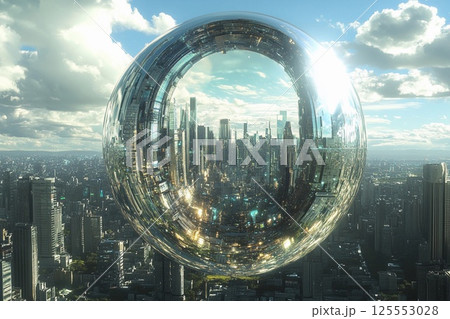 Futuristic city enclosed in a glowing sphere with reflections of skyscrapers and sunset over urban landscape 125553028