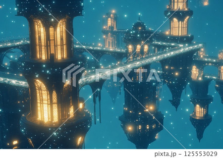 Floating city with geometric design illuminated at dusk above a tranquil landscape 125553029