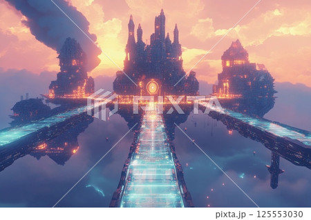 Floating city with geometric design illuminated at dusk above a tranquil landscape 125553030