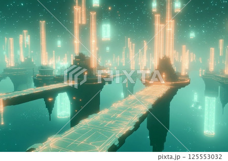 Floating city with geometric design illuminated at dusk above a tranquil landscape 125553032