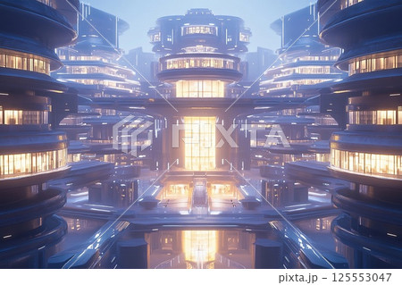 Futuristic university campus designed around glowing architecture and vibrant illumination during twilight hours 125553047