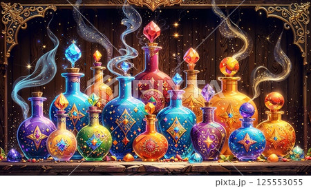 collection of glowing magical potions. Whimsical Fantasy bottles decorated with crystals. Game wallpaper 125553055