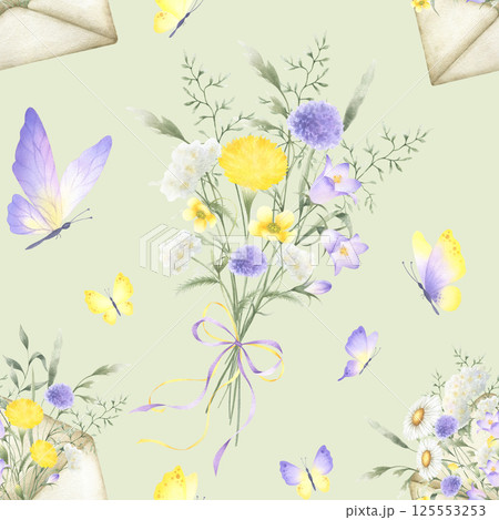 Seamless floral pattern with butterflies, bouquet tied ribbon bow and envelope with watercolor yellow lilac wildflowers bellflower, dandelion, meadow grasses. Hand drawn illustration on light green Seamless floral pattern with butterflies, bouquet tied ribbon bow and envelope with watercolor yellow lilac wildflowers bellflower, dandelion, meadow grasses. Hand drawn illustration on light green 125553253