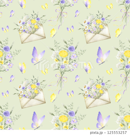 Watercolor yellow lilac wildflowers and butterflies seamless pattern. Field flowers and meadow grasses in bouquet tied ribbon bow and in old vintage envelope. Hand drawn illustration on light green Watercolor yellow lilac wildflowers and butterflies seamless pattern. Field flowers and meadow grasses in bouquet tied ribbon bow and in old vintage envelope. Hand drawn illustration on light green 125553257